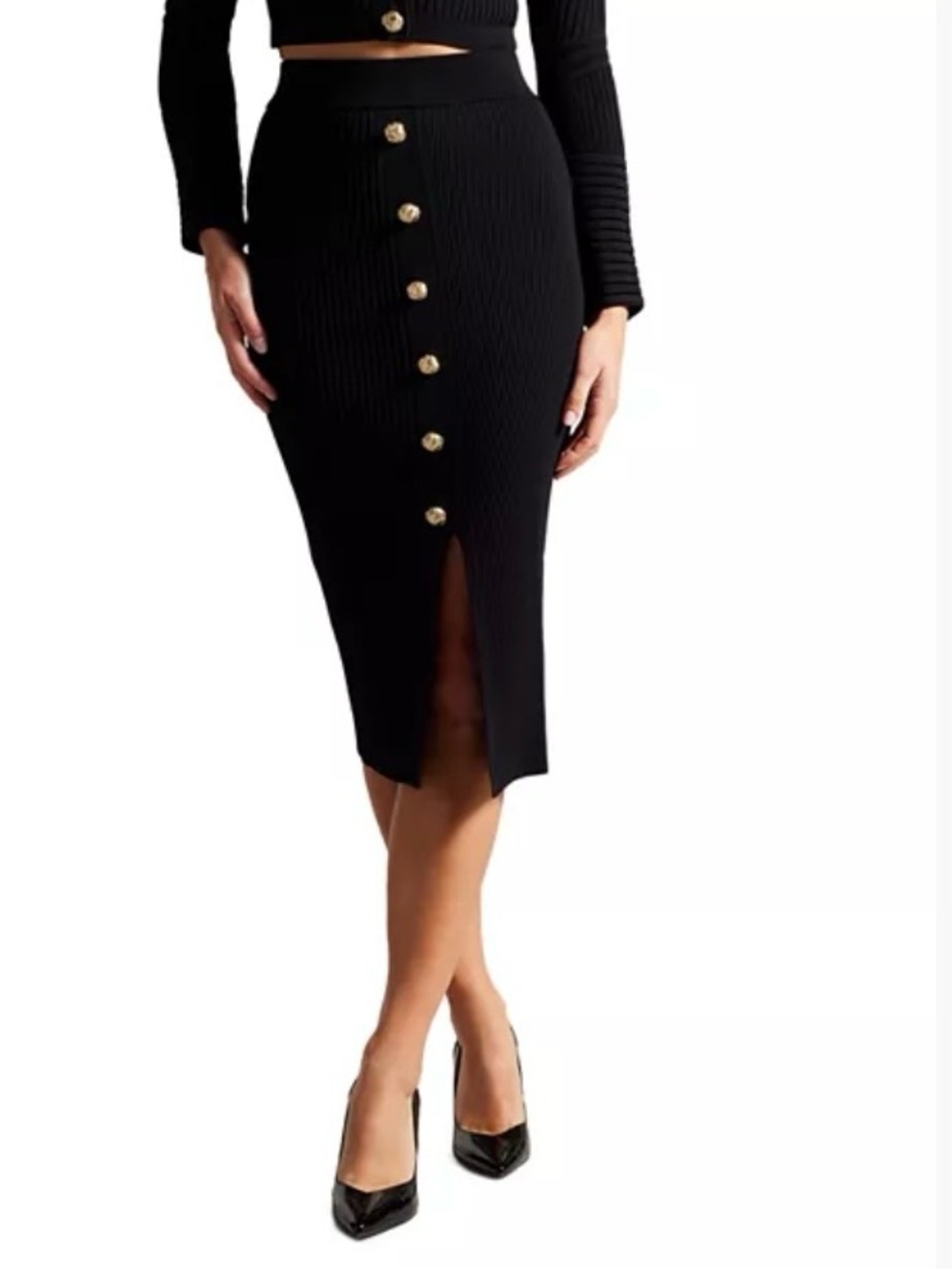 Ted Baker Betylou Knit Ribbed Vented Pencil Midi Gold Button Skirt Black Size 4